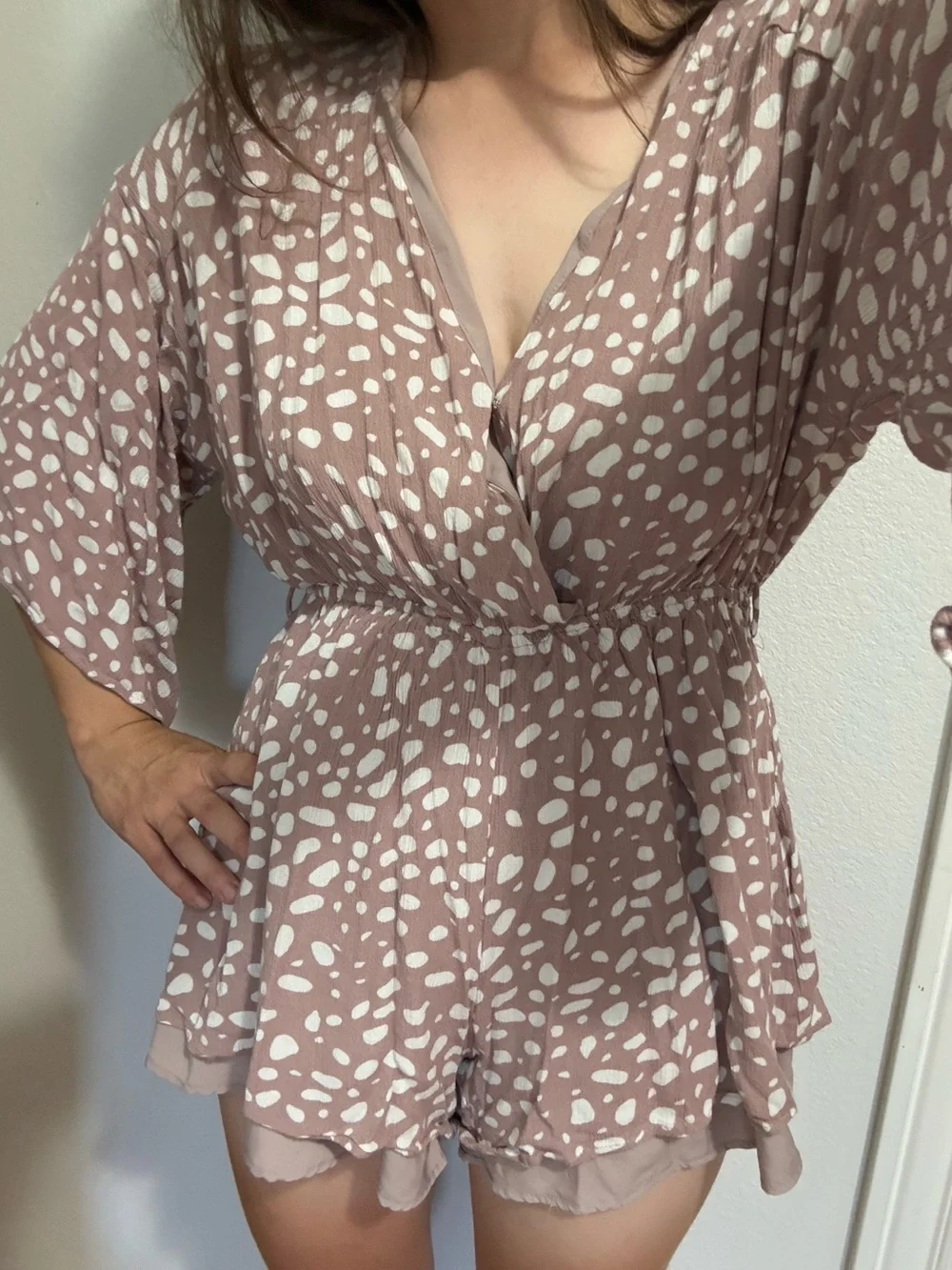 Pink Lily Dusty Mauve Polka Dot Wrap Romper